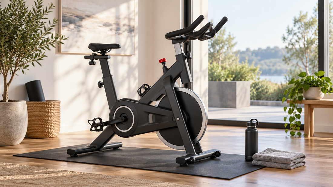 Unbranded indoor workout bike in a safe bright home setup with no text or branding
