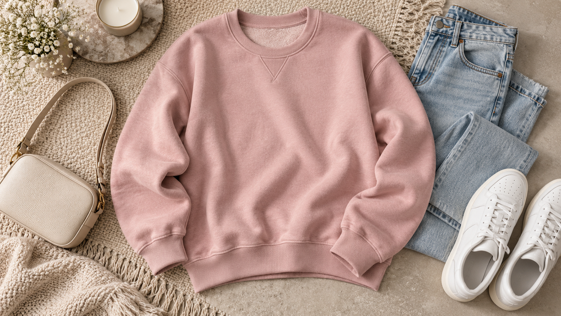 Soft pink sweatshirt styled with casual neutral pieces and no text or branding
