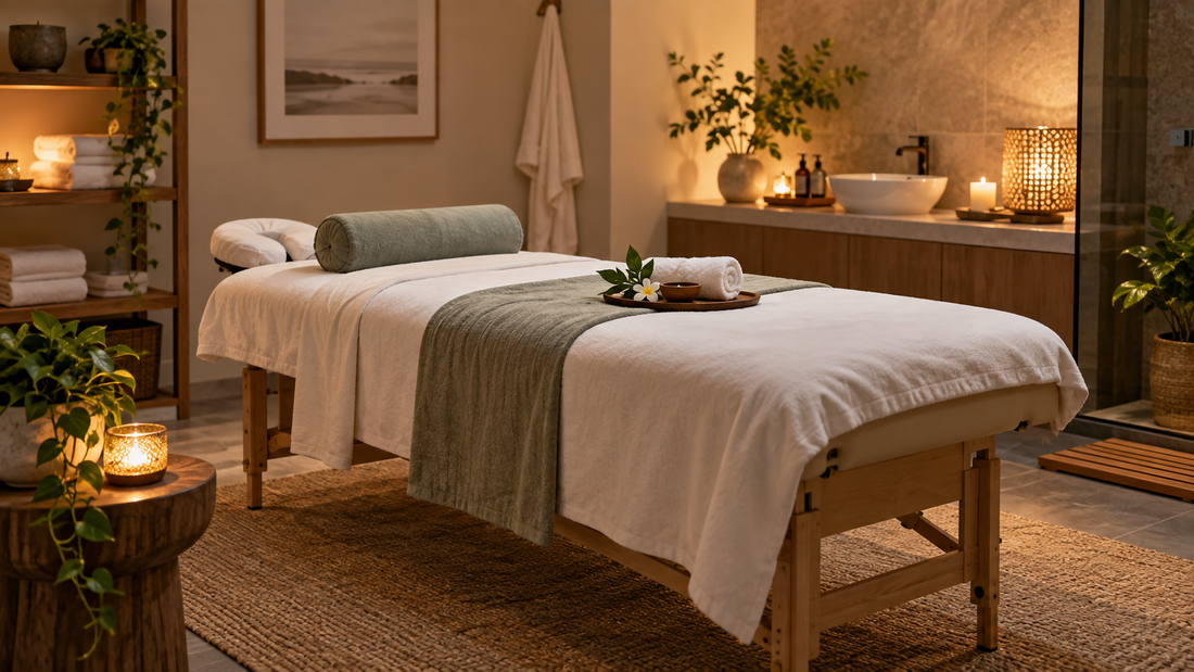 Professional massage treatment room with clean linens and no text or branding