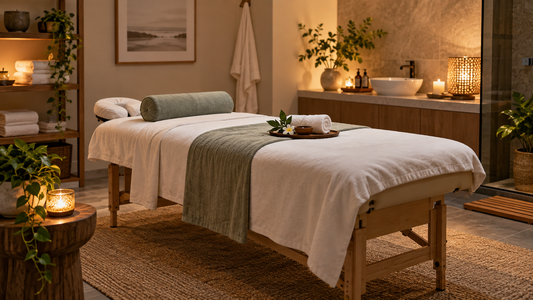 Professional massage treatment room with clean linens and no text or branding