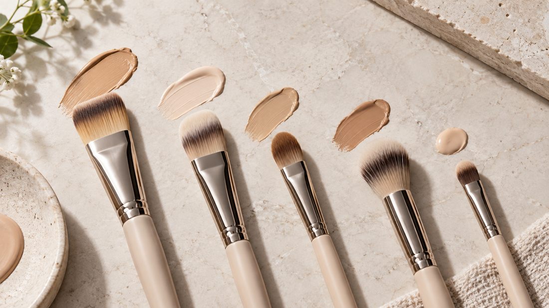 Unbranded concealer brushes in varied shapes beside complexion swatches with no text or branding