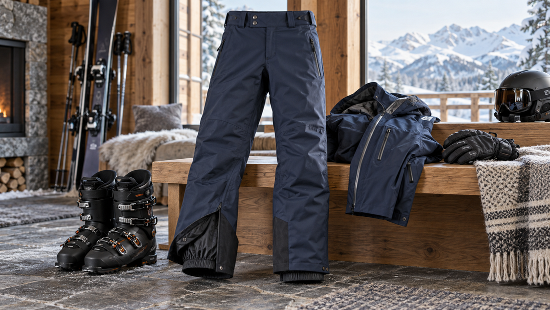 Men's ski pants displayed with winter equipment and no text or branding