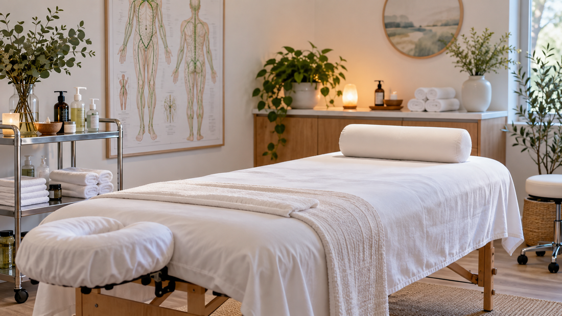 Professional treatment room prepared for lymphatic drainage massage with no text or branding