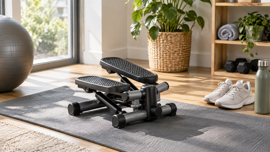 Unbranded compact mini stepper in a bright stable home workout setup