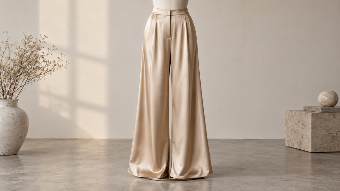 Champagne satin wide-leg pants displayed in a minimalist studio