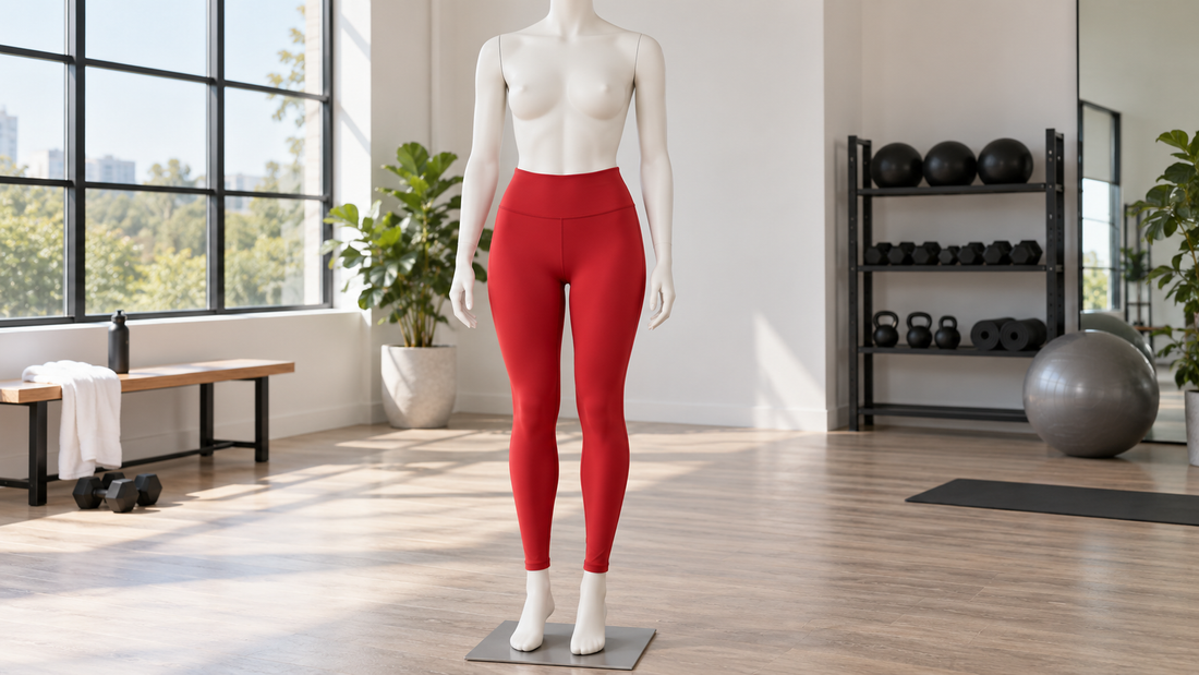 Opaque red performance leggings displayed in a bright fitness studio