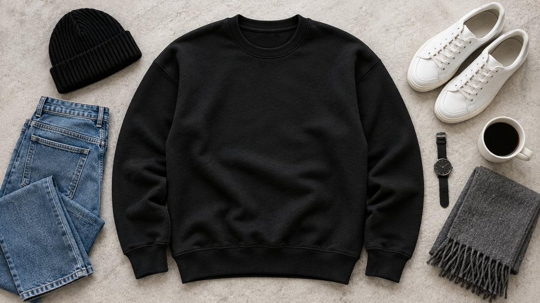 Black crewneck sweatshirt arranged with simple casual wardrobe pieces