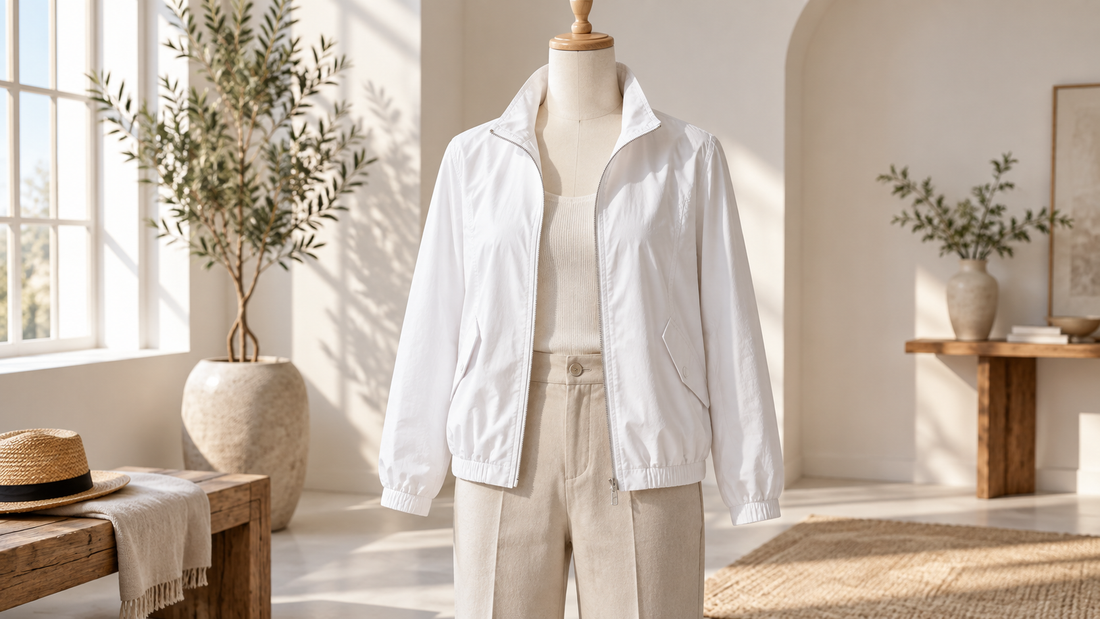 Crisp white lightweight jacket displayed in a sunlit neutral studio