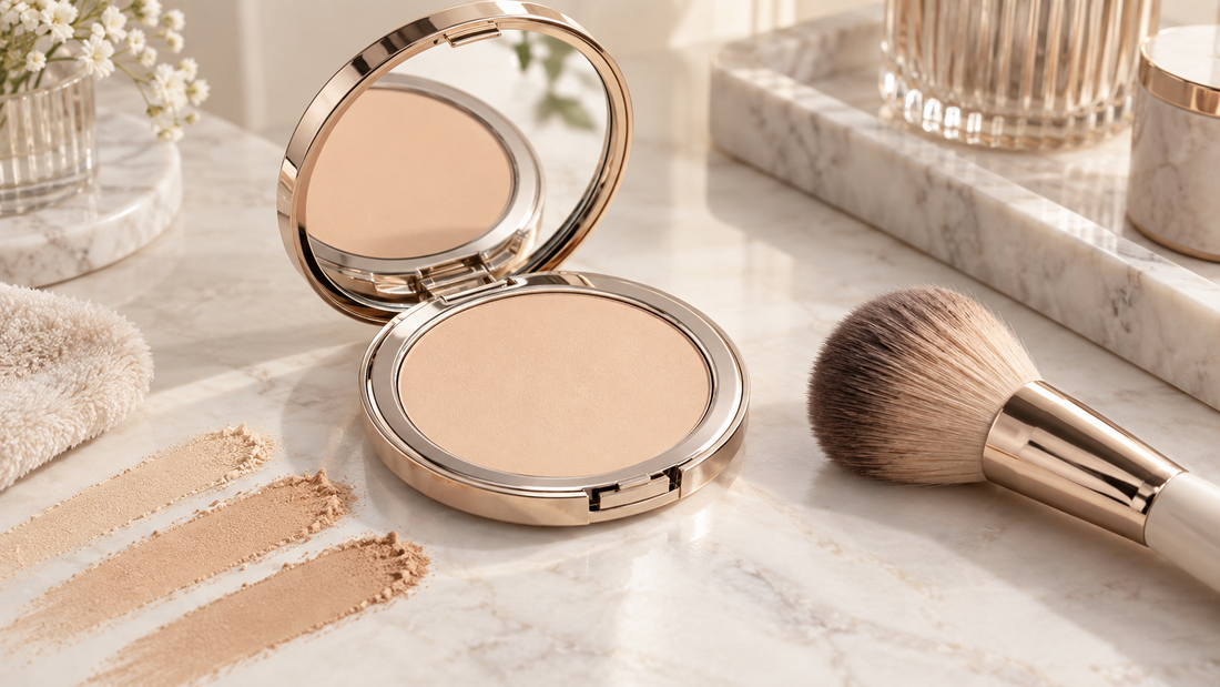 Open unbranded powder foundation compact with a clean makeup brush