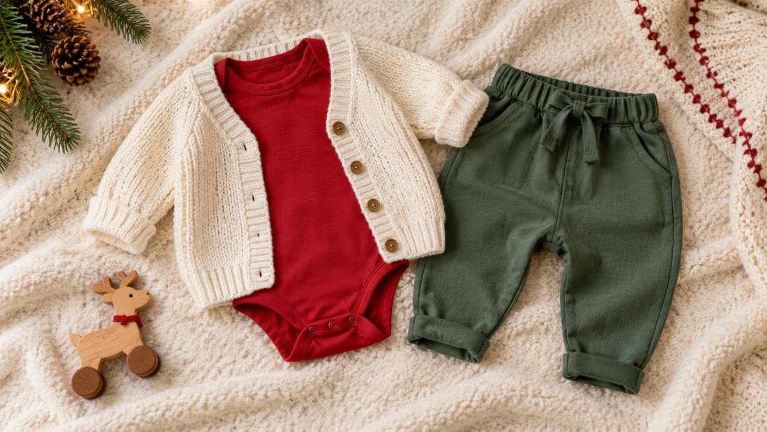 Soft festive baby Christmas outfit arranged on a warm neutral blanket