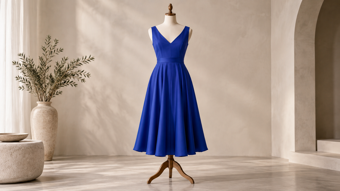 Elegant blue midi dress displayed on a mannequin in a refined studio
