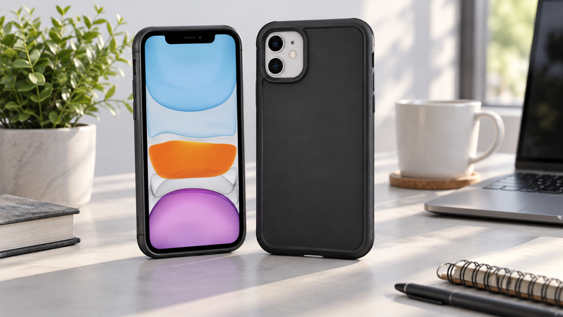 Unbranded protective cover fitted to an iPhone 11 beside a clean desk setup