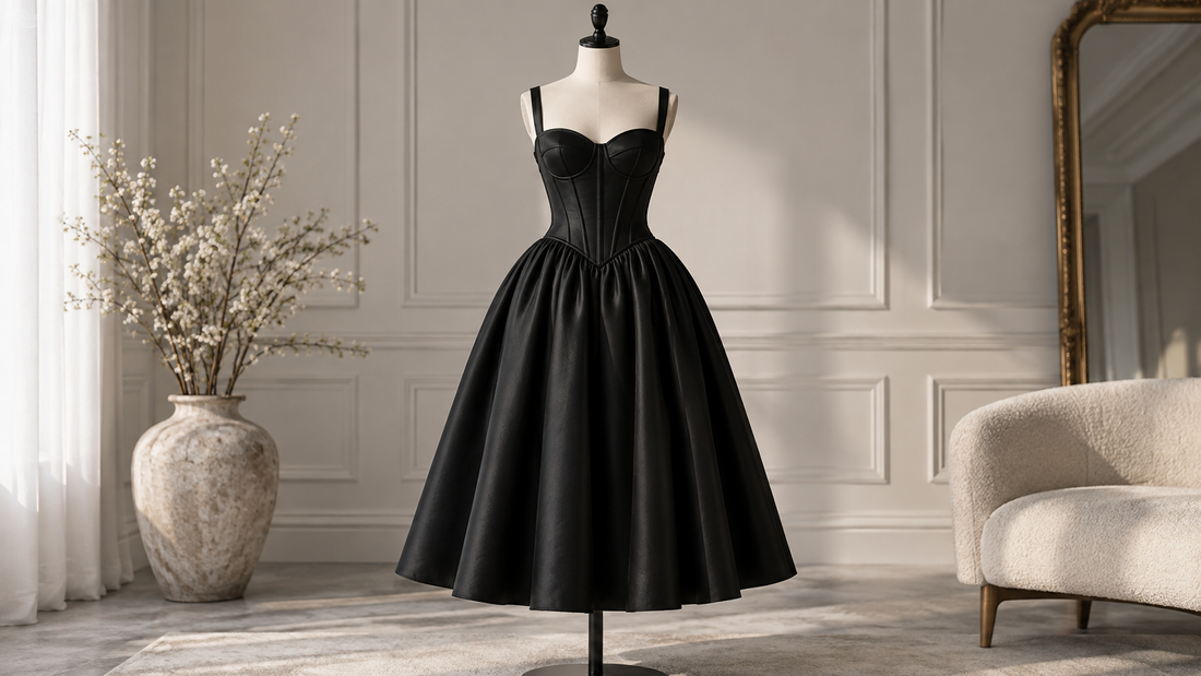 Elegant black corset dress displayed on a mannequin in a refined studio