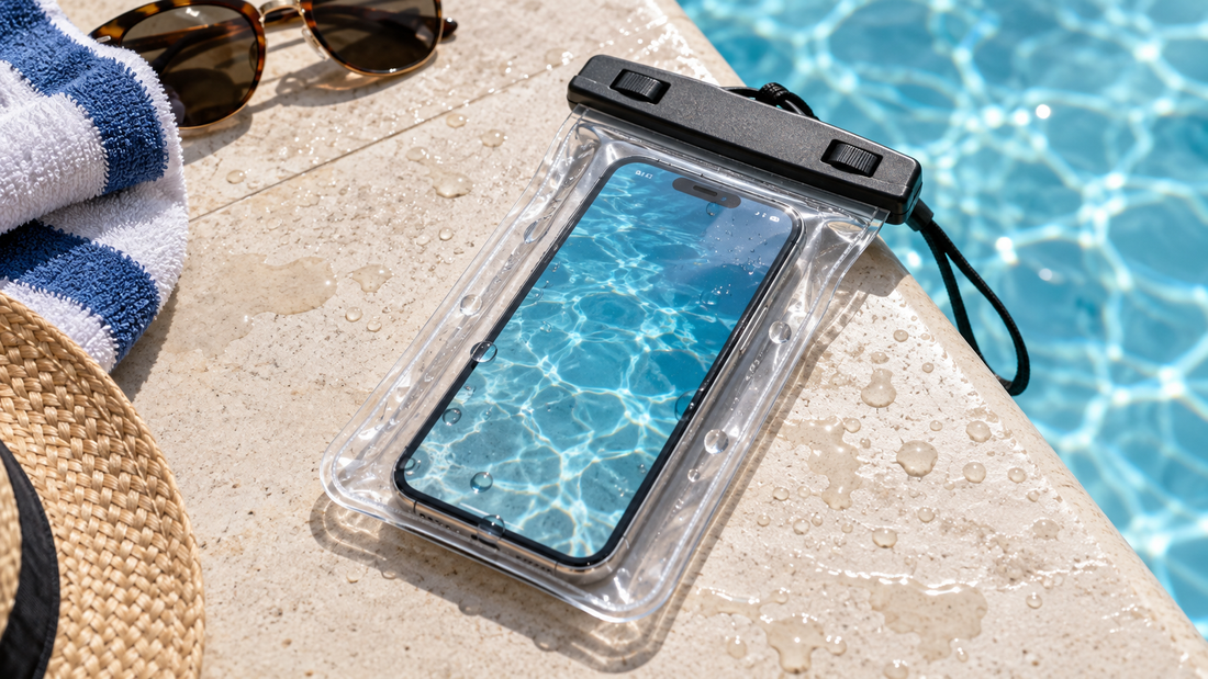 Clear waterproof phone pouch with a generic smartphone beside a pool