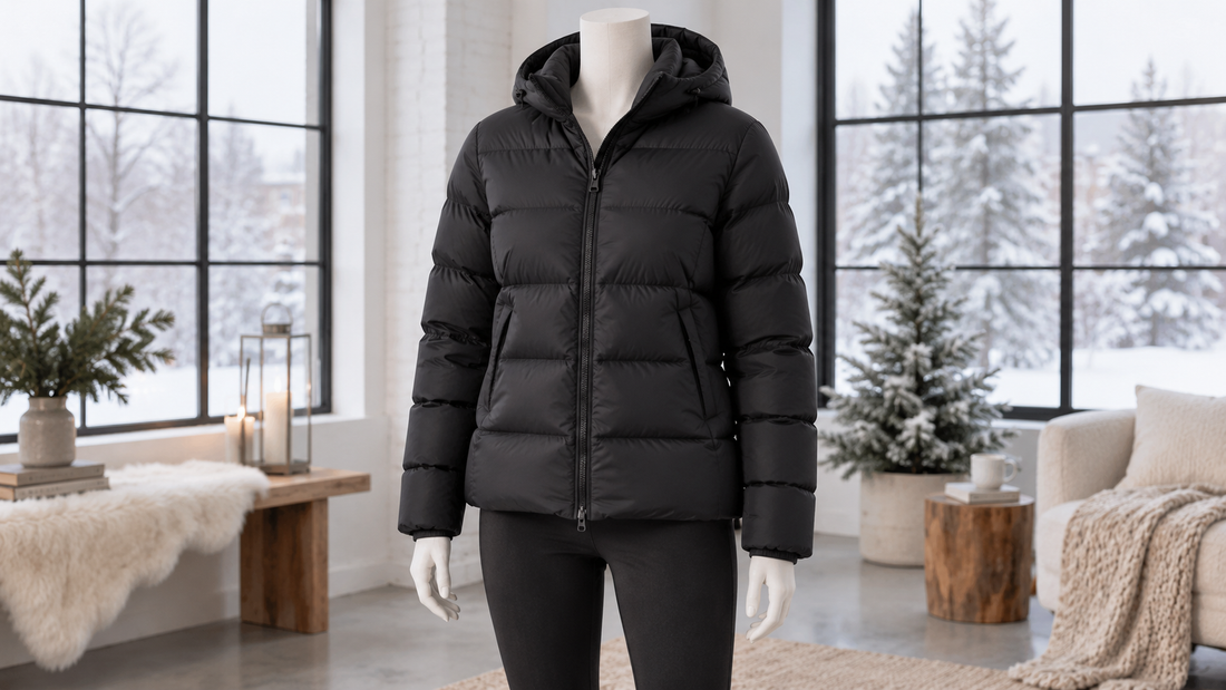 Women's black puffer jacket displayed in a bright winter studio