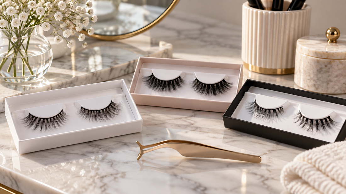 Unbranded false lashes and applicator arranged on a clean vanity