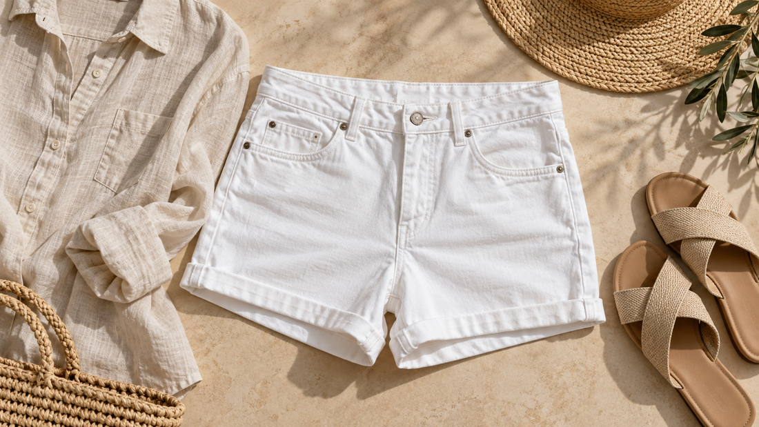 White denim shorts styled with neutral summer wardrobe pieces