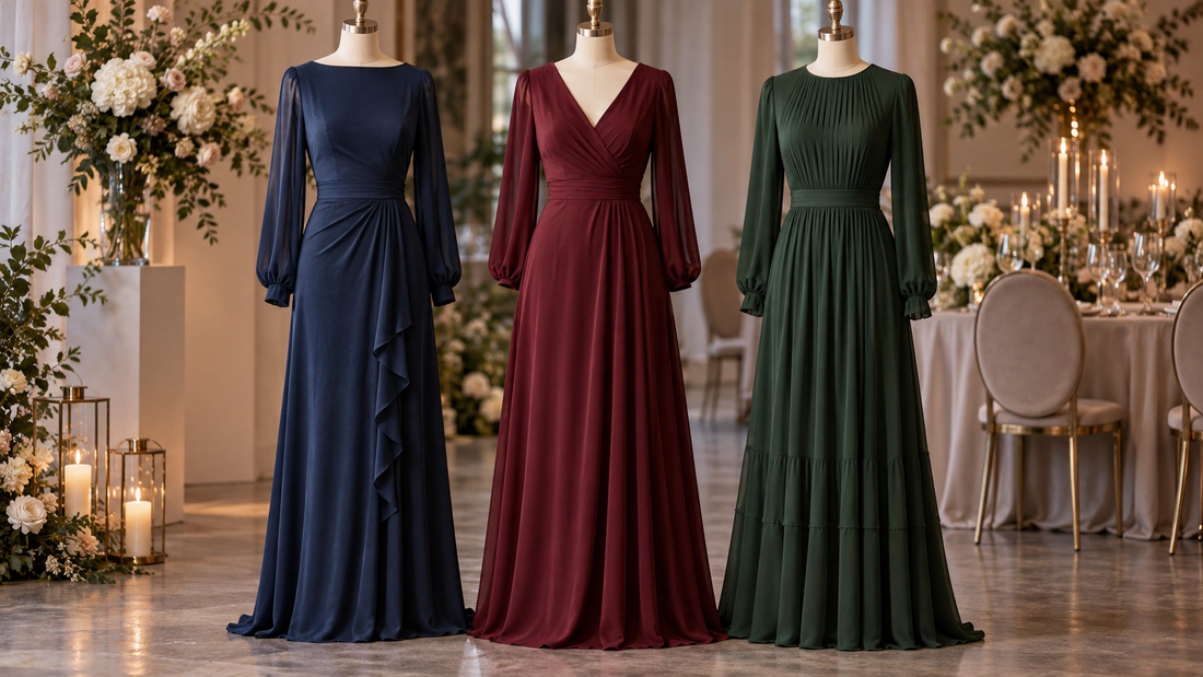 Three long-sleeve wedding guest dresses displayed at an elegant venue