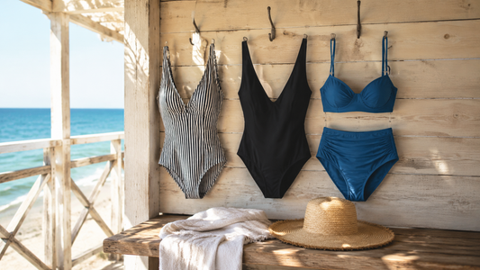 Classic bathing suits displayed with a folded towel and sun hat in a bright coastal cabana