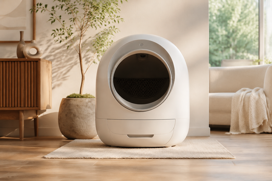 High-end automatic litter box in a calm modern home