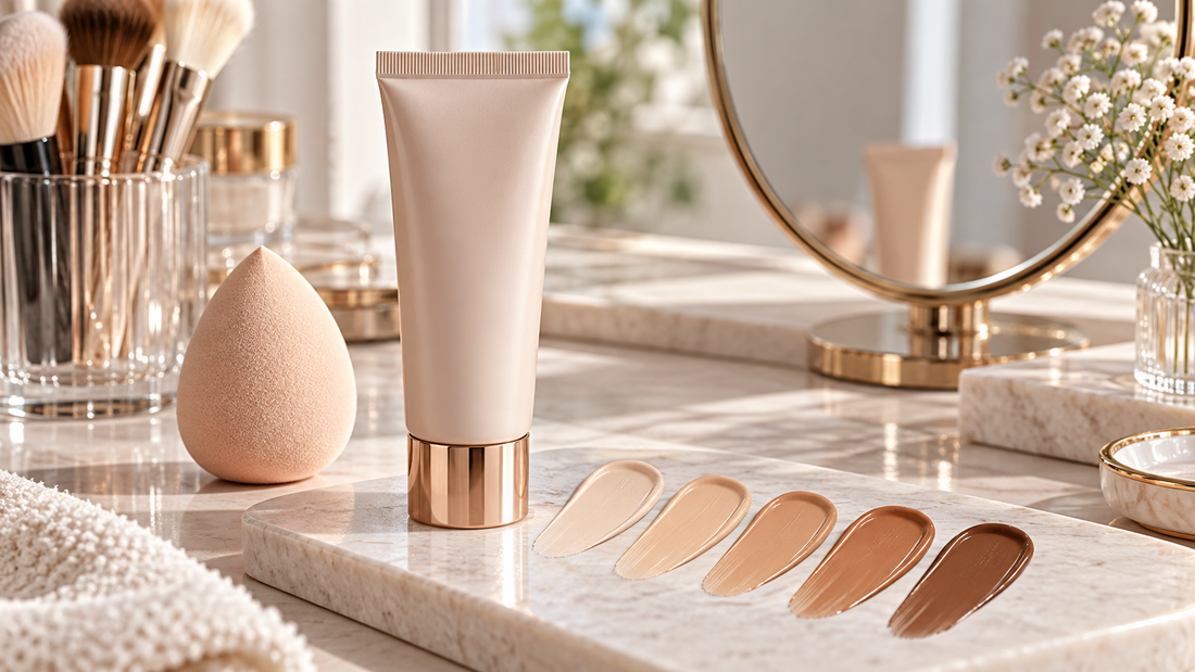 Unbranded CC cream tube with shade swatches on a beauty vanity