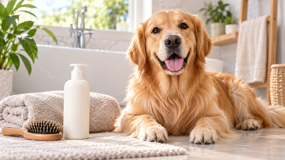 Golden retriever beside an unbranded dog shampoo bottle and grooming brush