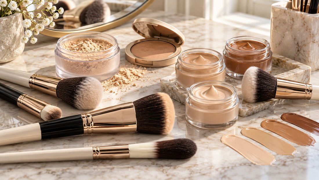 Foundation makeup brushes with powder and cream formulas in varied shades