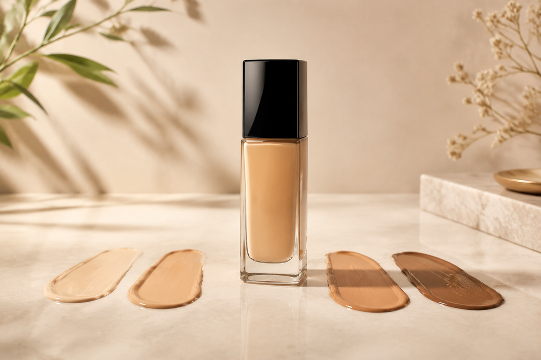 Premium liquid foundation with swatches on a neutral studio surface