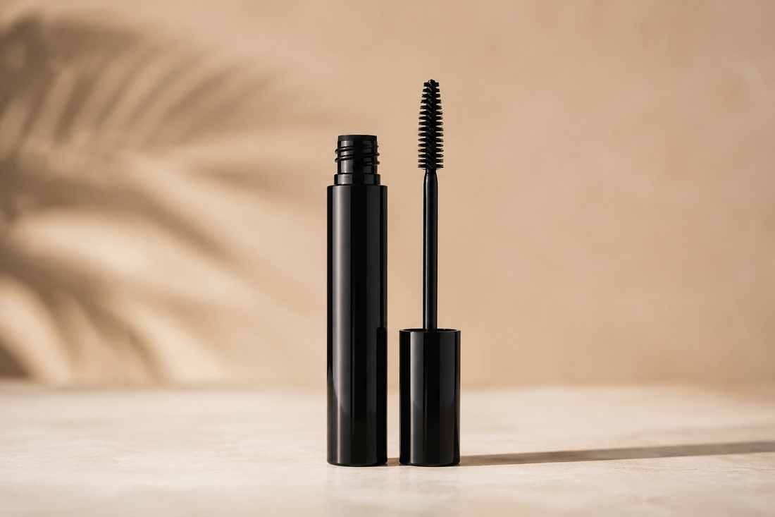 Premium mascara tube and wand on a clean studio background