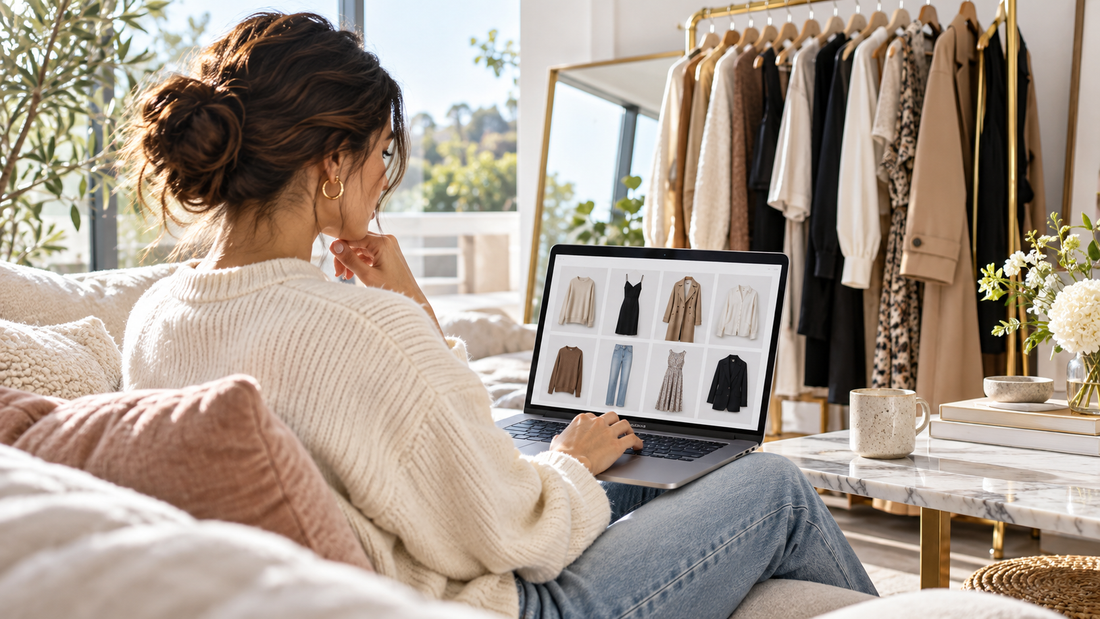 Woman browsing an online clothing store on a laptop beside a clothing rack
