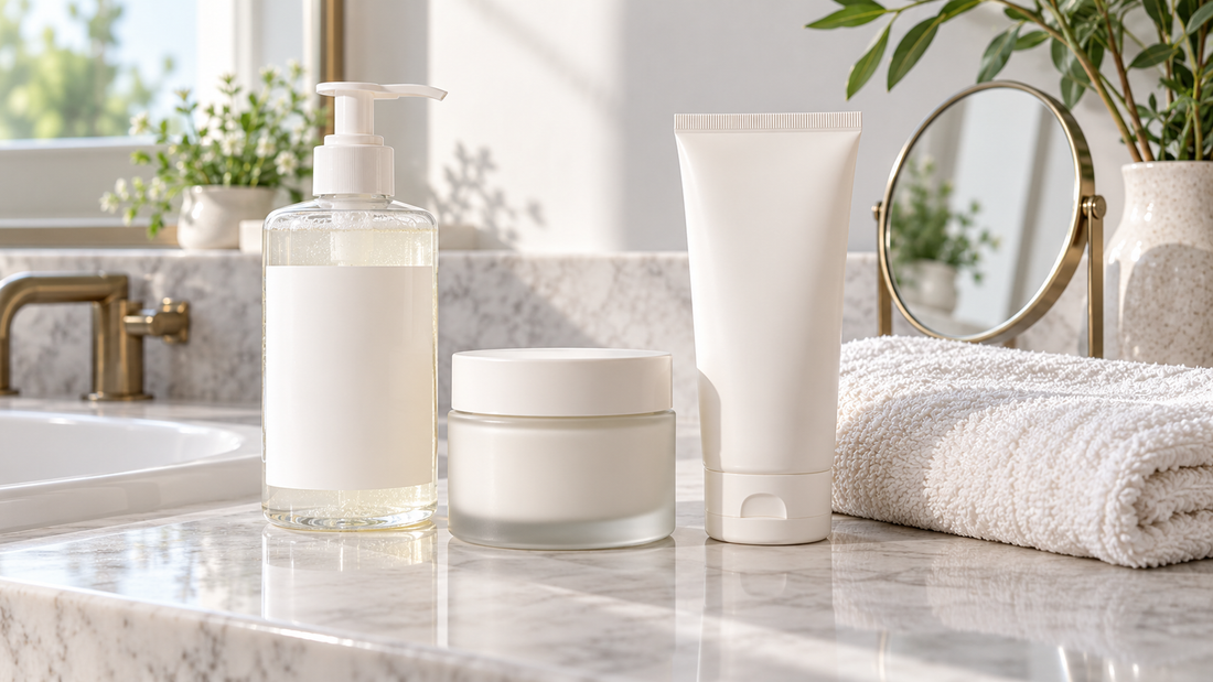 Unbranded gentle skin care products arranged beside a towel in a clean bright bathroom