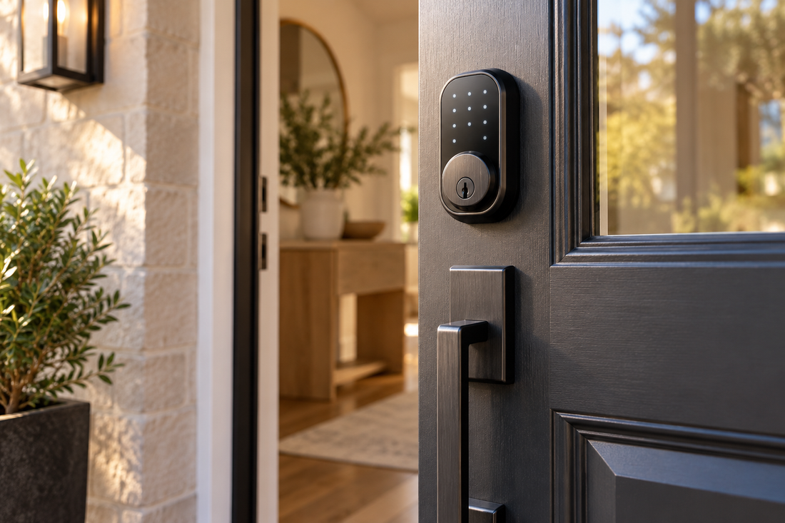 Modern unbranded smart deadbolt with keypad installed on a residential front door
