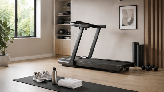 Modern unbranded treadmill in a bright home gym with shoes, towel, mat and water bottle