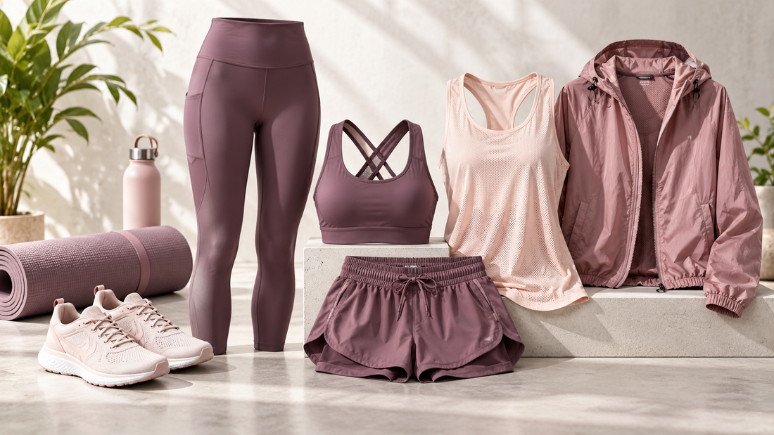 Women's workout clothing capsule with leggings, tops, shorts and light jacket