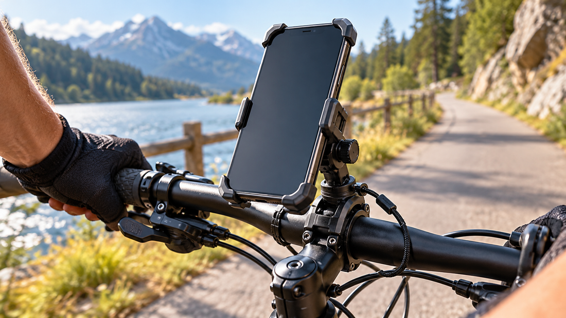 Unbranded bike phone mount holding a blank-screen smartphone on handlebars
