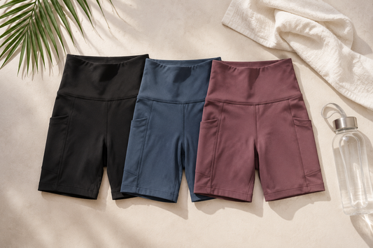 Premium biker shorts in a clean activewear flat lay