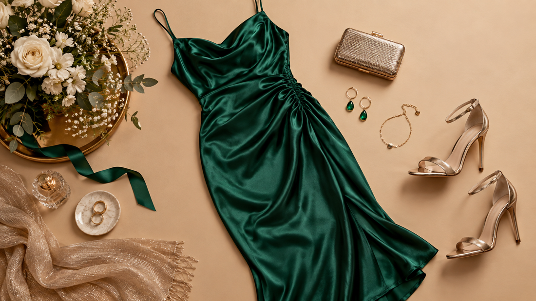 Emerald satin birthday outfit arranged with elegant neutral accessories