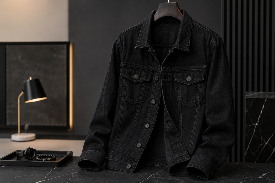 Black denim jacket with understated accessories