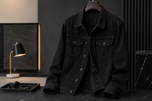 Black denim jacket with understated accessories