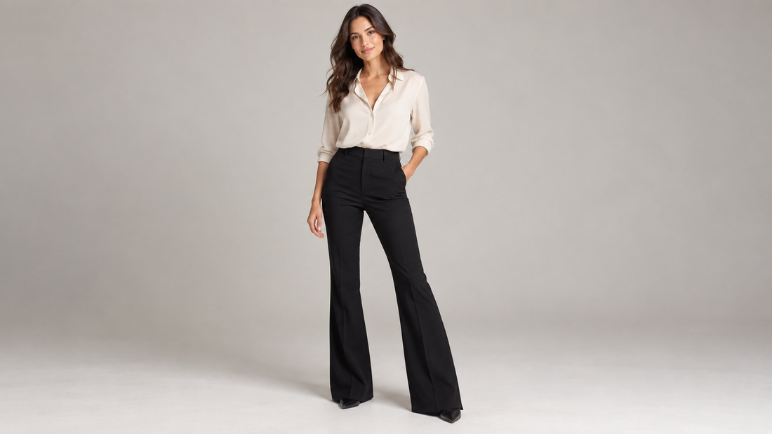 Adult woman wearing unbranded black flare pants with a simple cream blouse in a studio
