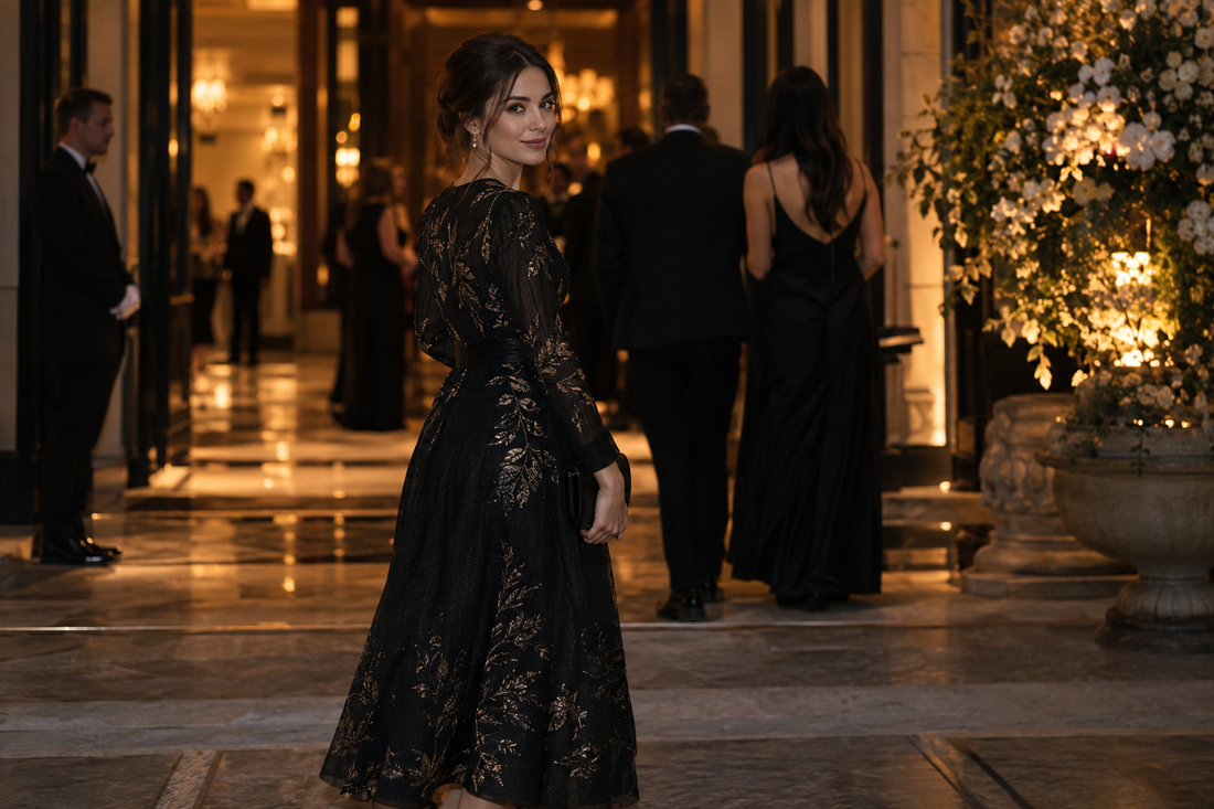 Woman wearing an elegant black evening dress in a gold-lit hotel setting