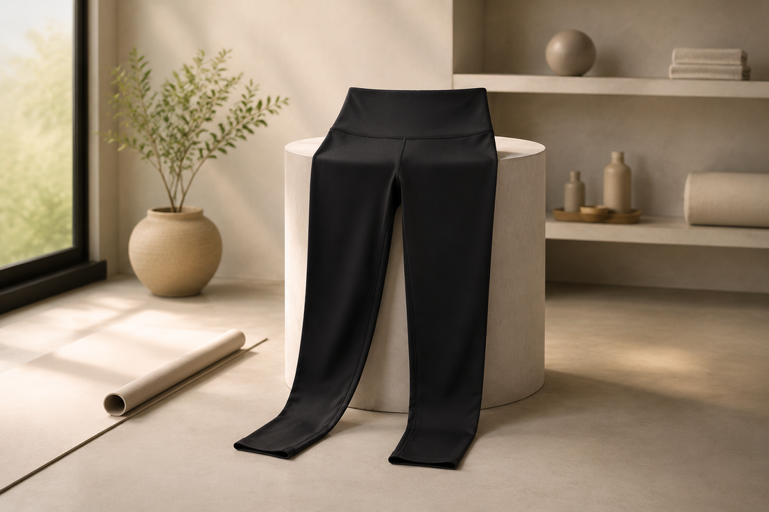 Sleek black leggings in a premium minimalist activewear studio