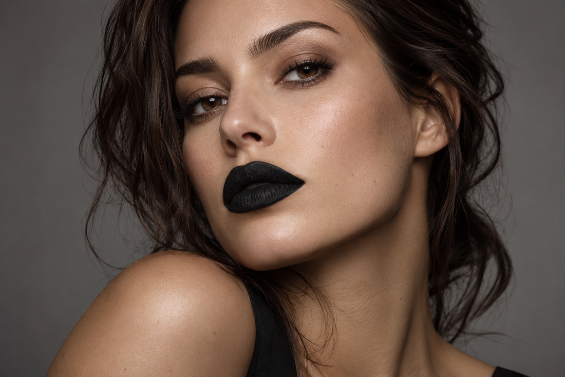 Adult woman wearing matte black lipstick in a tasteful studio beauty portrait