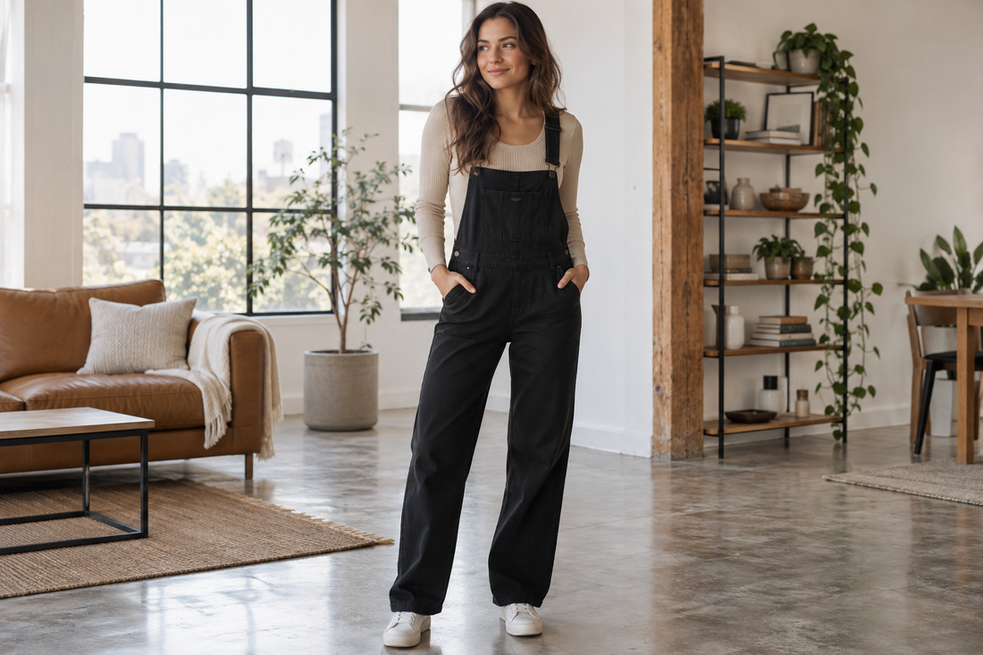 Woman styling black overalls with a neutral top in a modern loft