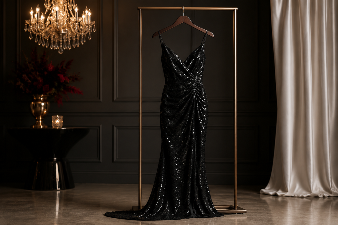 Black sequin dress in an elegant evening studio