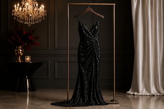Black sequin dress in an elegant evening studio