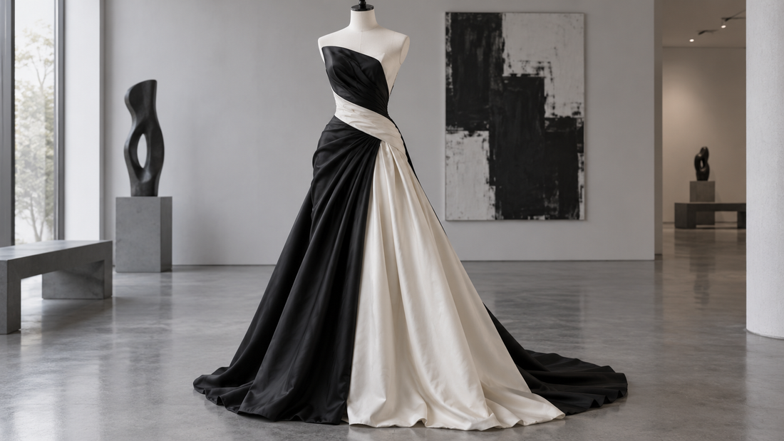 Black and white formal dress displayed in a modern gallery