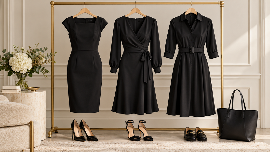 Three polished black work dresses displayed with office-ready accessories