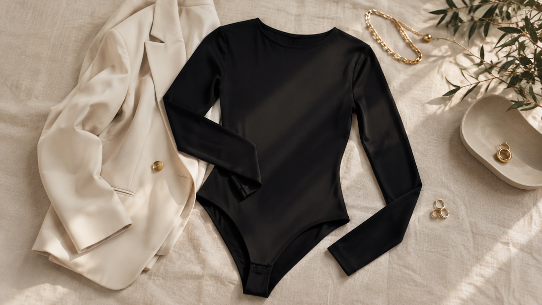 Opaque black long-sleeve bodysuit arranged with a cream tailored blazer and minimal gold accessories