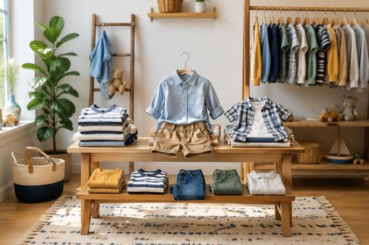 Tasteful boys' clothes arranged in a bright playful boutique